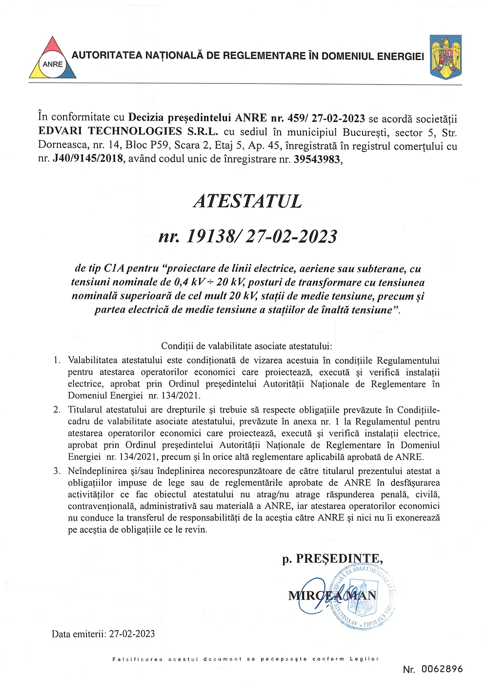 Atestat ANRE C1A pentru proiectare de linii electrice