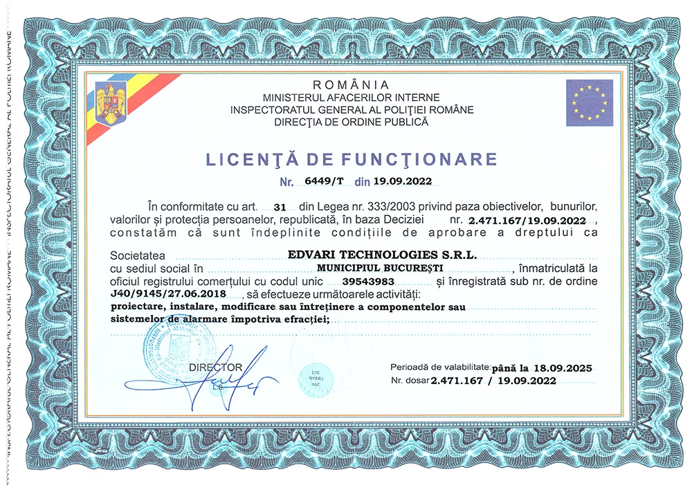Licență de funcționare pentru sisteme de alarmă împotriva efracției